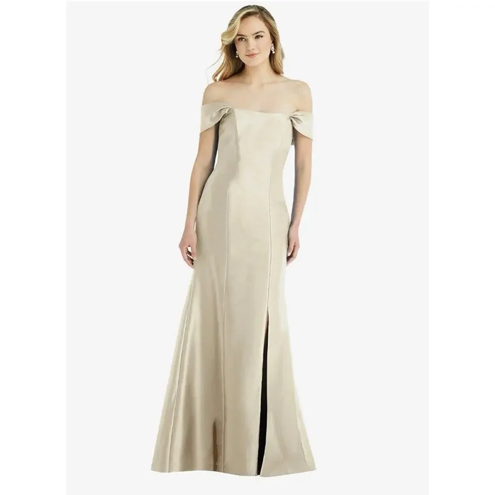 ALFRED SUNG Off-Shoulder Satin Maxi Gown in Champagne - Picture 4 of 9